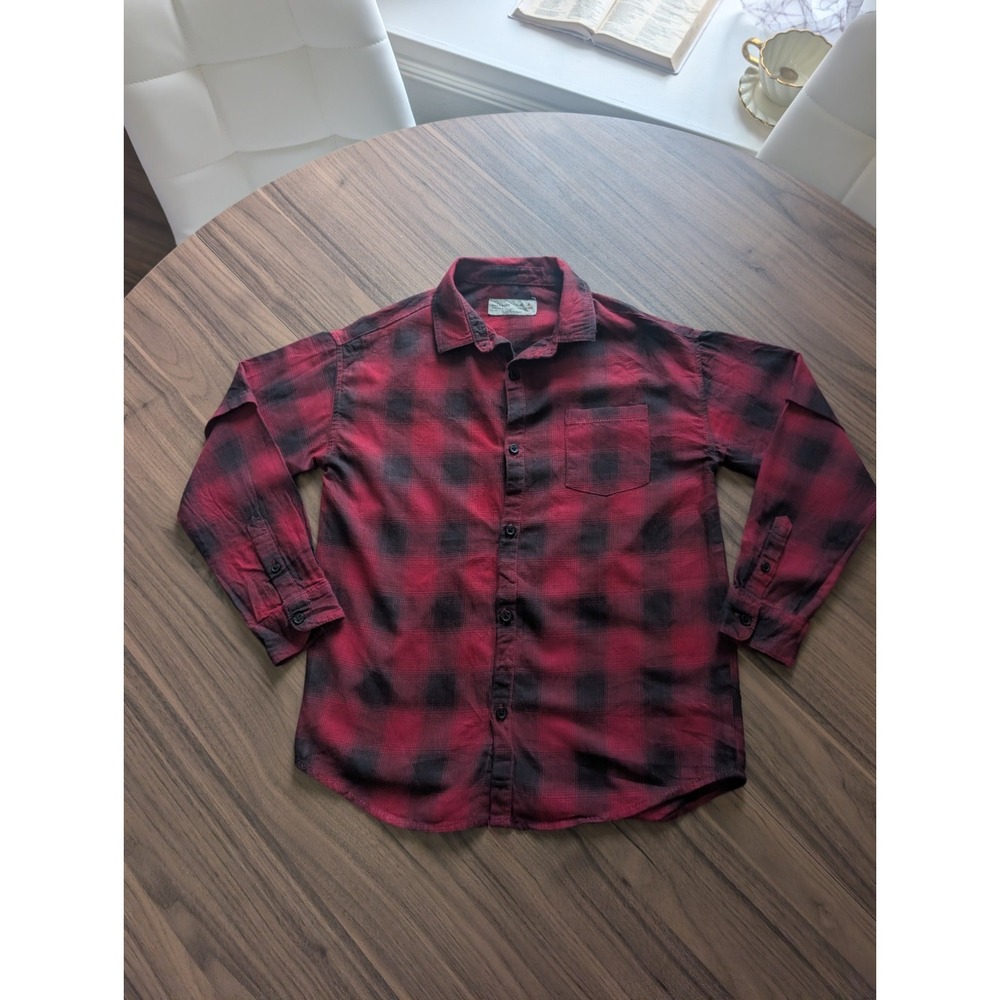 Zara Boys Red Black Plaid Collared Button-Up Long Sleeve Shirt Size 8